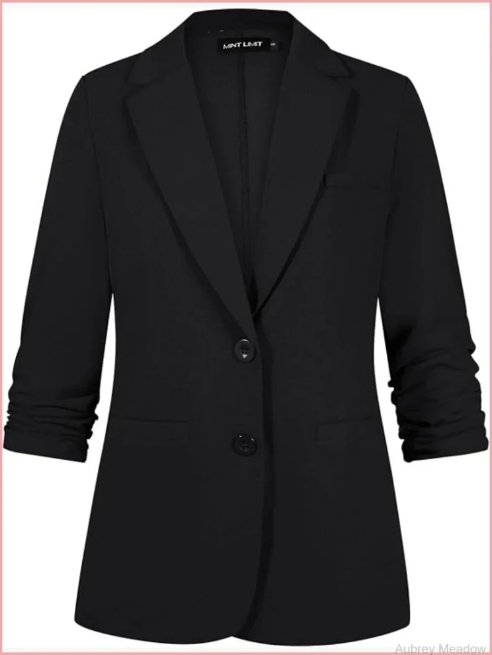 Ruched 3/4 Sleeve Blazer with Shoulder Pads, Notch Lapel, Button Front, Pockets